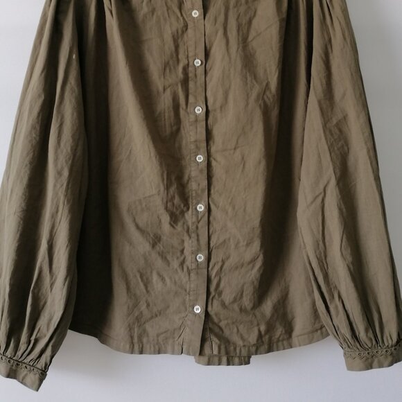 Xirena Womens Moss Green Balloon Sleeve Ruffle Gathere Poplin Blouse Size L - Picture 3 of 8